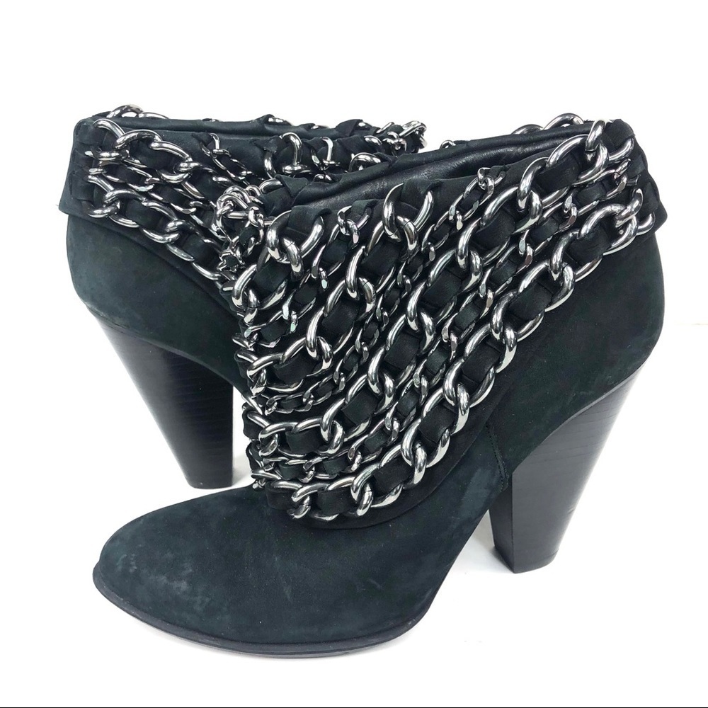 Zara black leather silver chains ankle booties heeled boots EU7, 6.5-7